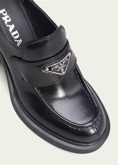 prada chocolate flow heeled loafers|clearance Prada loafers.